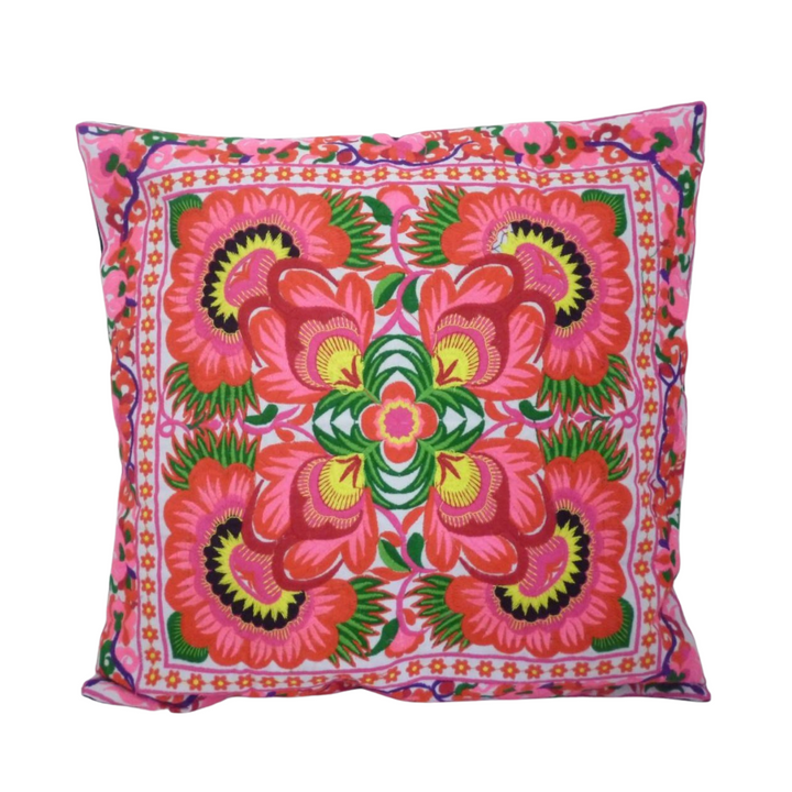 Frida Flower Embroidered Mexican Pink Flower Boho Cushion - Thailand-Lumily-Fucsia-Lumily MZ Fair Trade Nena & Co Hiptipico Novica Lucia's World emporium