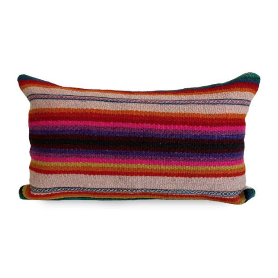 Large VinLoom handwoven Peruvian lumbar pillow with colorful horizontal stripes