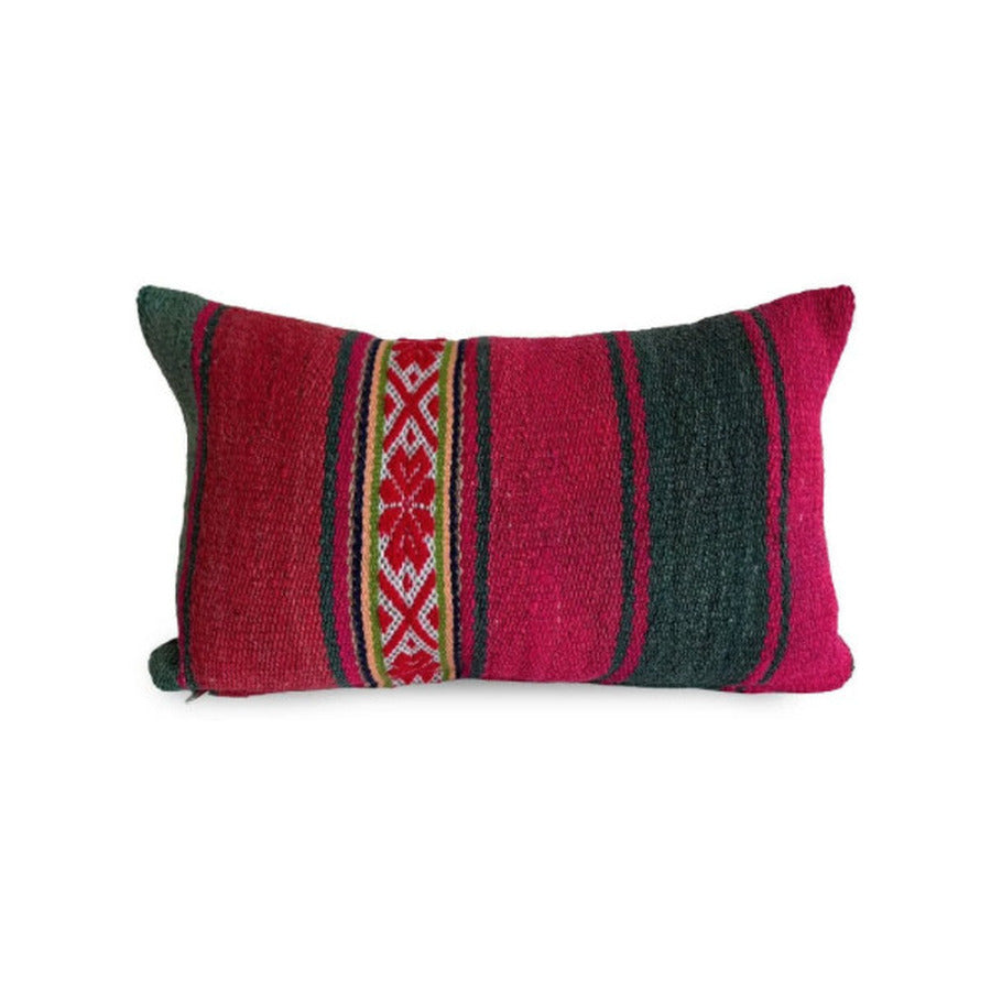 Small VinLoom handwoven Peruvian lumbar pillow with fuchsia and deep green stripes