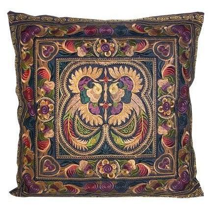 Hmong Bird Embroidered Pillow Cover - Thailand-Decor-Lumily-Mocha-Lumily MZ Fair Trade Nena & Co Hiptipico Novica Lucia's World emporium