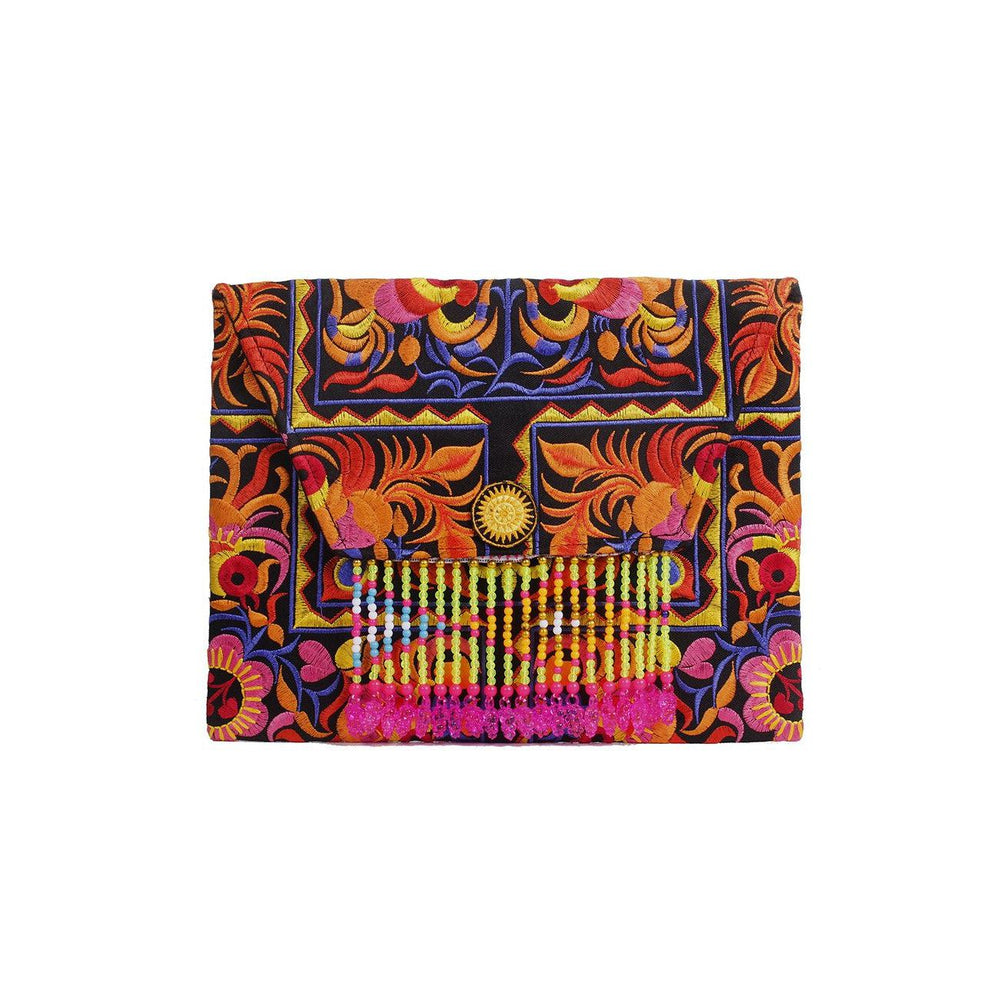 Geometric Embroidered Bead Trim Clutch Bag | iPad Case - Thailand-Bags-Lumily-Orange-Lumily MZ Fair Trade Nena & Co Hiptipico Novica Lucia's World emporium
