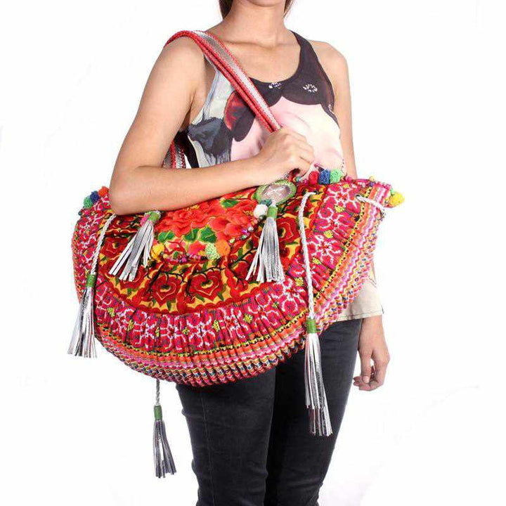 Ibiza Vintage Hmong Textile Half Moon Tote XL - Thailand-Bags-Lumily-Silver Orange-Lumily MZ Fair Trade Nena & Co Hiptipico Novica Lucia's World emporium