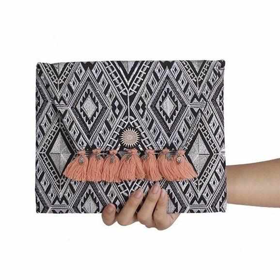 Geometric Clutch Bag With Tassels - Thailand-Bags-Lumily-Lumily MZ Fair Trade Nena & Co Hiptipico Novica Lucia's World emporium