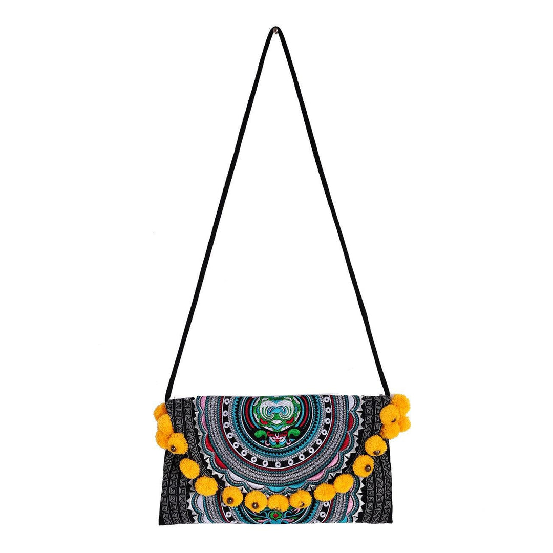Crossbody Tribal Embroidered Pompom Artisan Made Bag - Thailand-Bags-Lumily-Lumily MZ Fair Trade Nena & Co Hiptipico Novica Lucia's World emporium