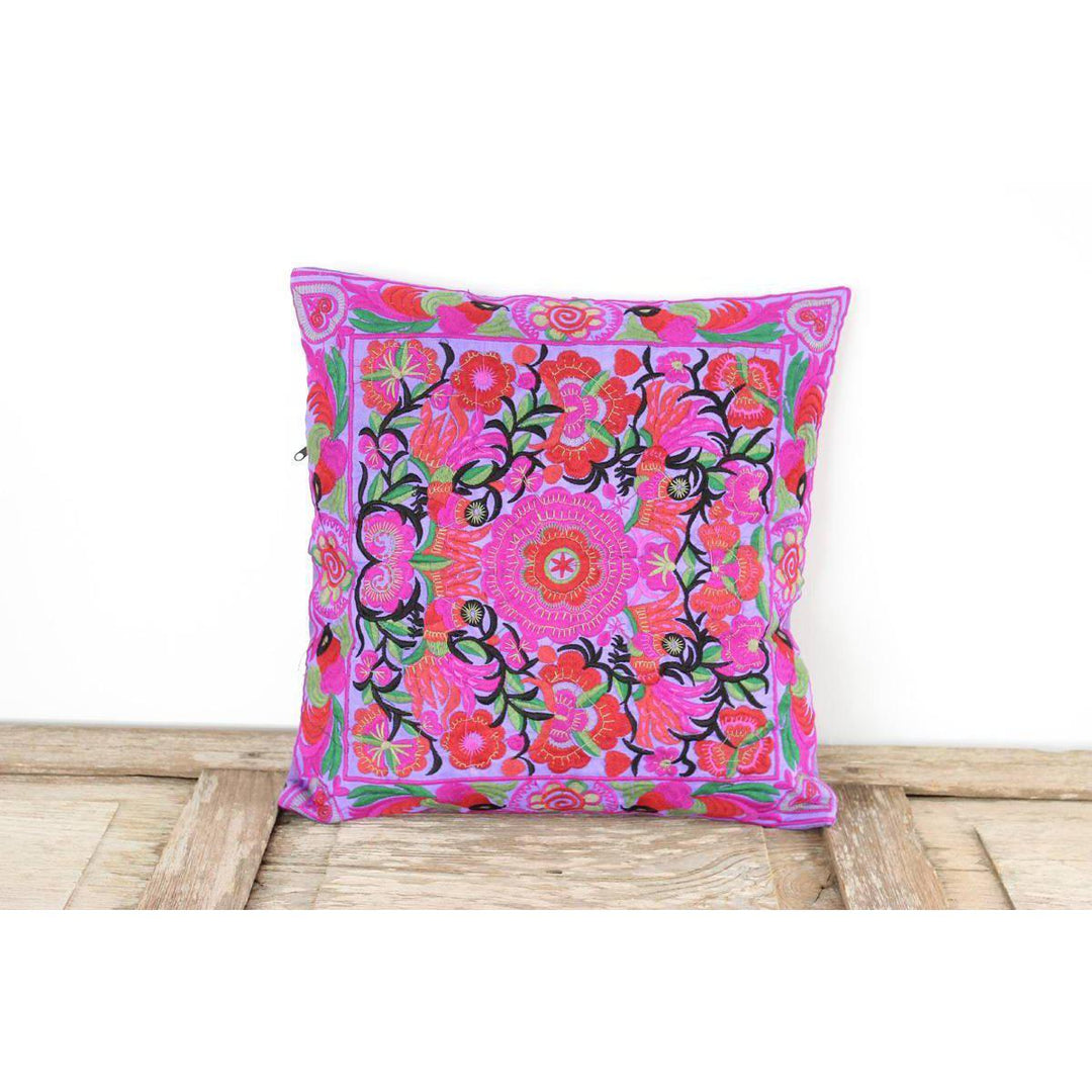 Hmong Bird Embroidered Pillow Cover - Thailand-Decor-Lumily-Purple & Pink-Lumily MZ Fair Trade Nena & Co Hiptipico Novica Lucia's World emporium