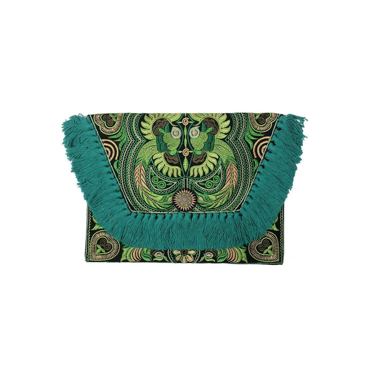 Embroidered Multi Tassel Bird Clutch Bag - Thailand-Bags-Lumily-Green-Lumily MZ Fair Trade Nena & Co Hiptipico Novica Lucia's World emporium