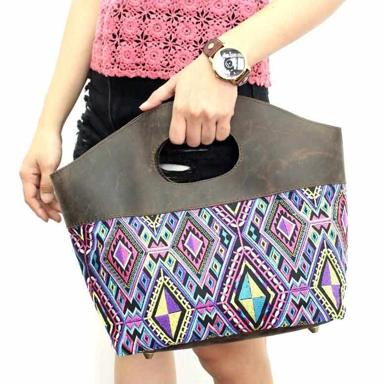 Geometric Handle Embroidered Leather Bag - Thailand-Bags-Lumily-Lumily MZ Fair Trade Nena & Co Hiptipico Novica Lucia's World emporium