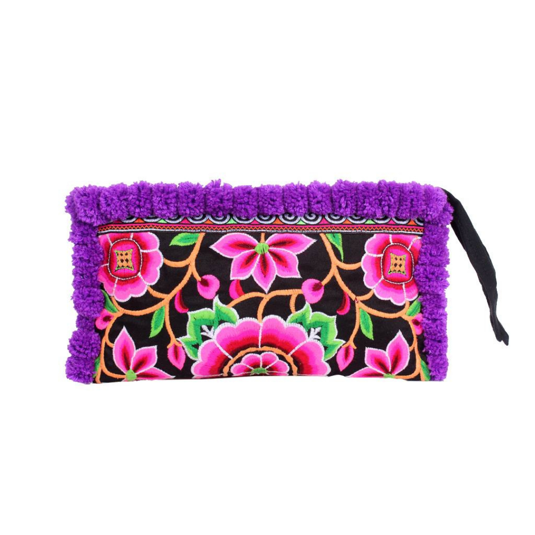 Rocio Multi-Color Pom Pom Wristlet Bag - Thailand-Bags-Lumily-Purple & Pink-Lumily MZ Fair Trade Nena & Co Hiptipico Novica Lucia's World emporium