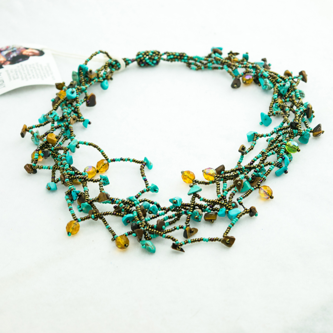 Luzy Beaded Necklace with Magnetic Closure - Guatemala-Necklace-Lumily-Turquoise & Mocha-Lumily MZ Fair Trade Nena & Co Hiptipico Novica Lucia's World emporium
