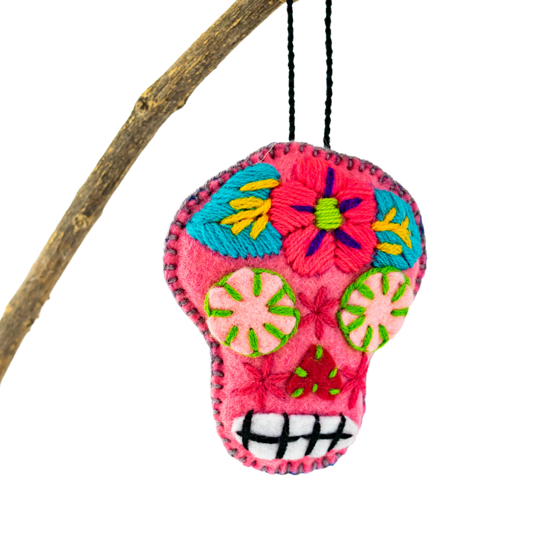 Hand-Embroidered Sugar Skull Ornament - Mexico-Decor-Rebeca y Francisco (Mexico)-Sugar Skull-Lumily MZ Fair Trade Nena & Co Hiptipico Novica Lucia's World emporium