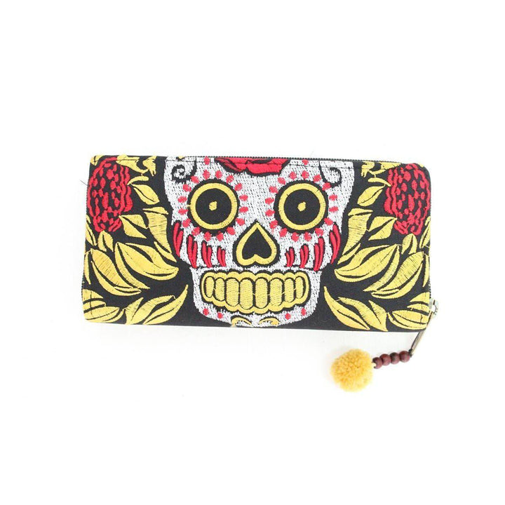 Culturas Sugar Skull Embroidered Wallet - Thailand-Bags-Lumily-Gold-Lumily MZ Fair Trade Nena & Co Hiptipico Novica Lucia's World emporium