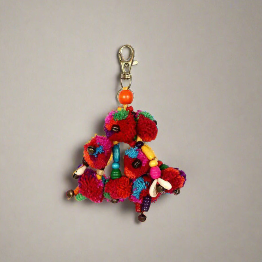 Pom Pom Zipper Pull with Wood Beads and Shells | Handmade Keychain