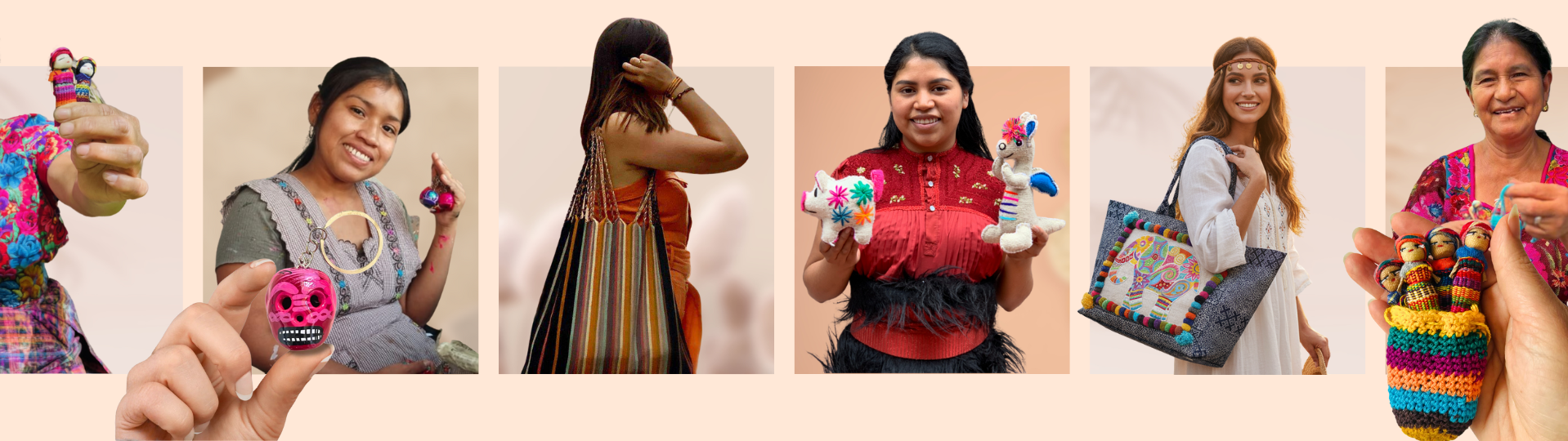 Collage of women artisans proudly holding handmade fair trade crafts, symbolizing empowerment and cultural tradition.