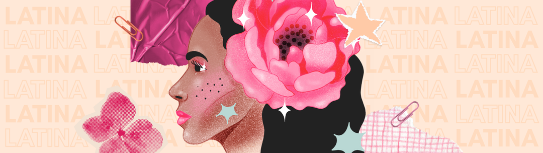 Profile of a Latina woman with a pink flower in her hair, collage accents, and “LATINA” repeated in the background.