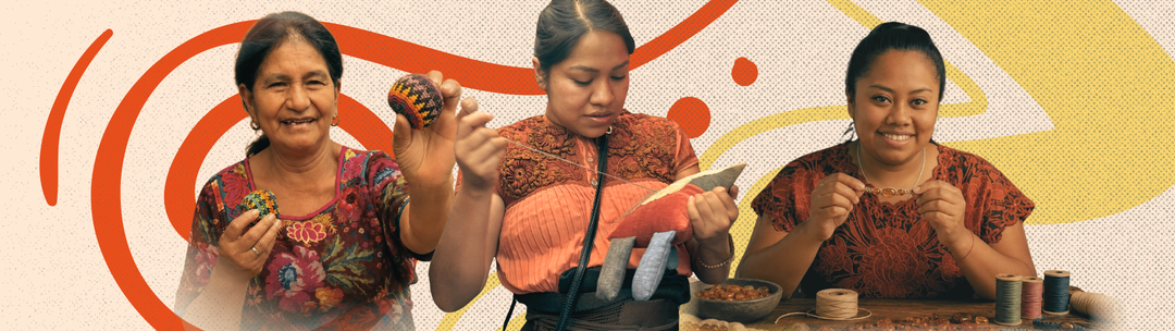 Hispanic Heritage Month graphic featuring three Latina women artisans wearing traditional Guatemalan-inspired clothing and showcasing handmade crafts, textiles, jewelry, and colorful woven ornaments against a vibrant, culturally inspired background.