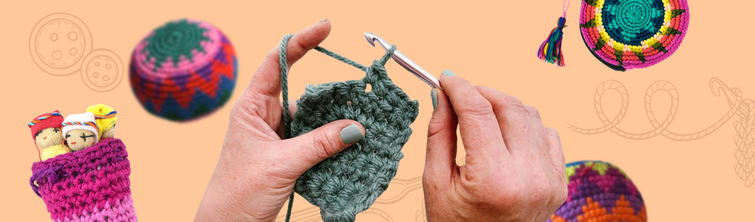 Hands crocheting, surrounded by artisan crochet accessories, hacky sacks, coin purse, and worry dolls, handmade and fair trade.