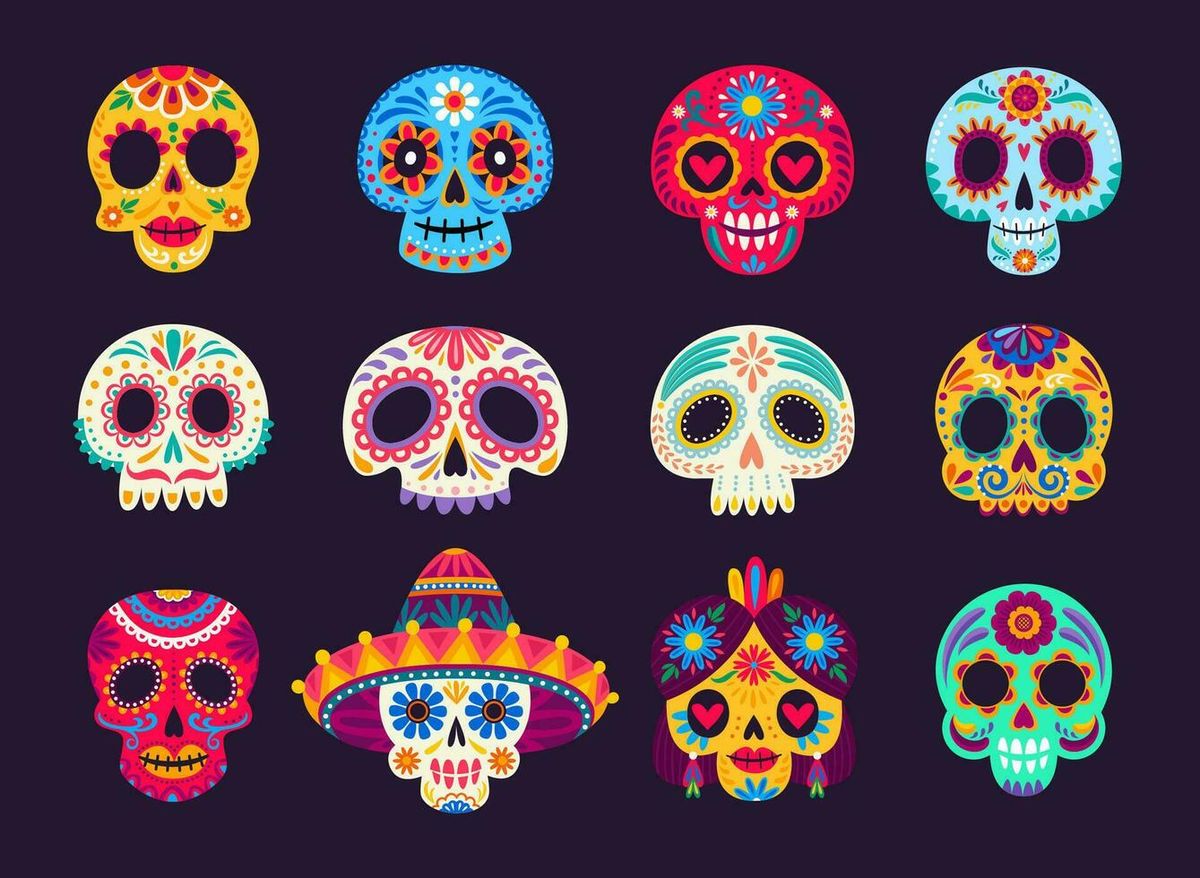 Illustration of twelve colorful sugar skulls with floral and geometric designs, arranged in a grid on a dark background.
