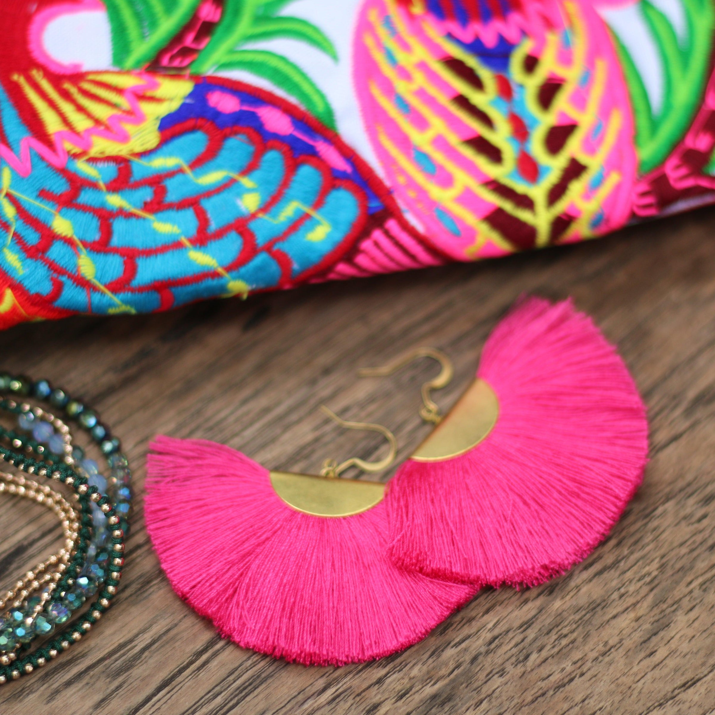 pink tassel earrings w/ gold trim from Thailand