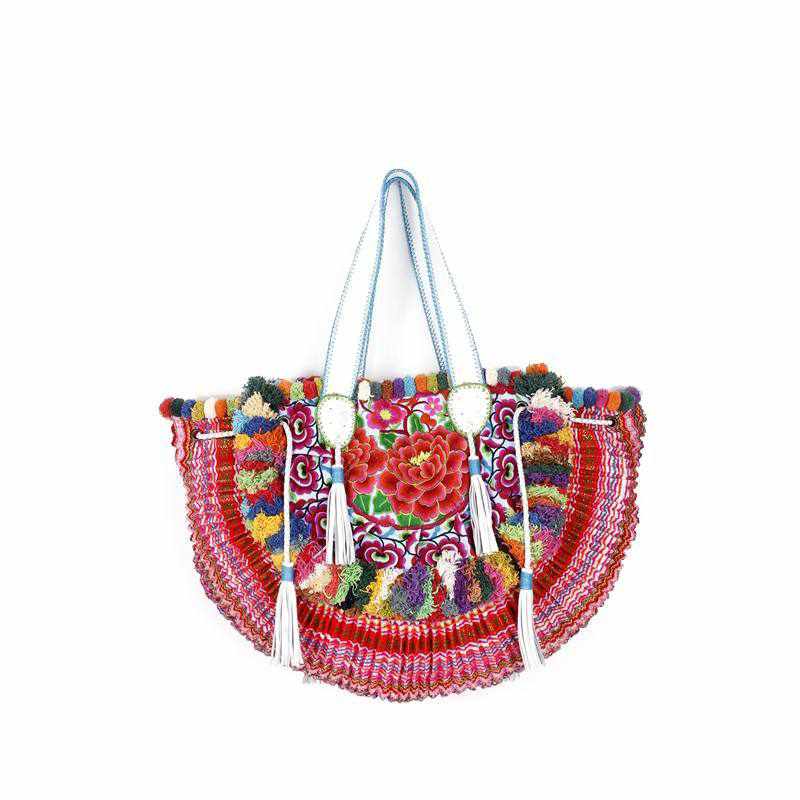 Embroidered Half Moon Ibiza Leather Tote Pom Pom Bag – Thailand-Bags-Lumily-Blue &amp; Orange-Lumily MZ Fair Trade Nena &amp; Co Hiptipico Novica Lucia&