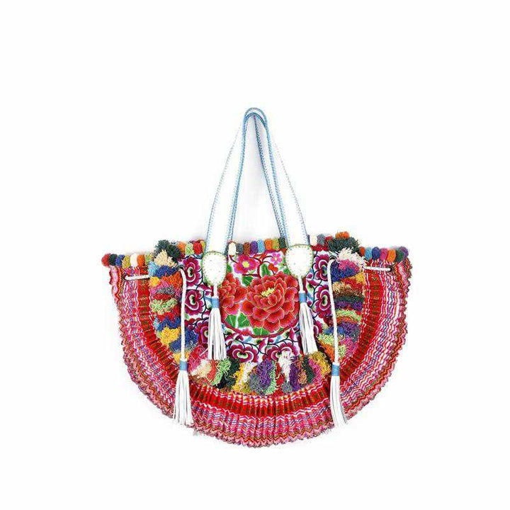 Embroidered Half Moon Ibiza Leather Tote Pom Pom Bag – Thailand-Bags-Lumily-Blue &amp; Orange-Lumily MZ Fair Trade Nena &amp; Co Hiptipico Novica Lucia&