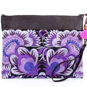 Embroidered Flower Leather Trim Wristlet - Thailand-Bags-Lumily-Purple-Lumily MZ Fair Trade Nena & Co Hiptipico Novica Lucia's World emporium
