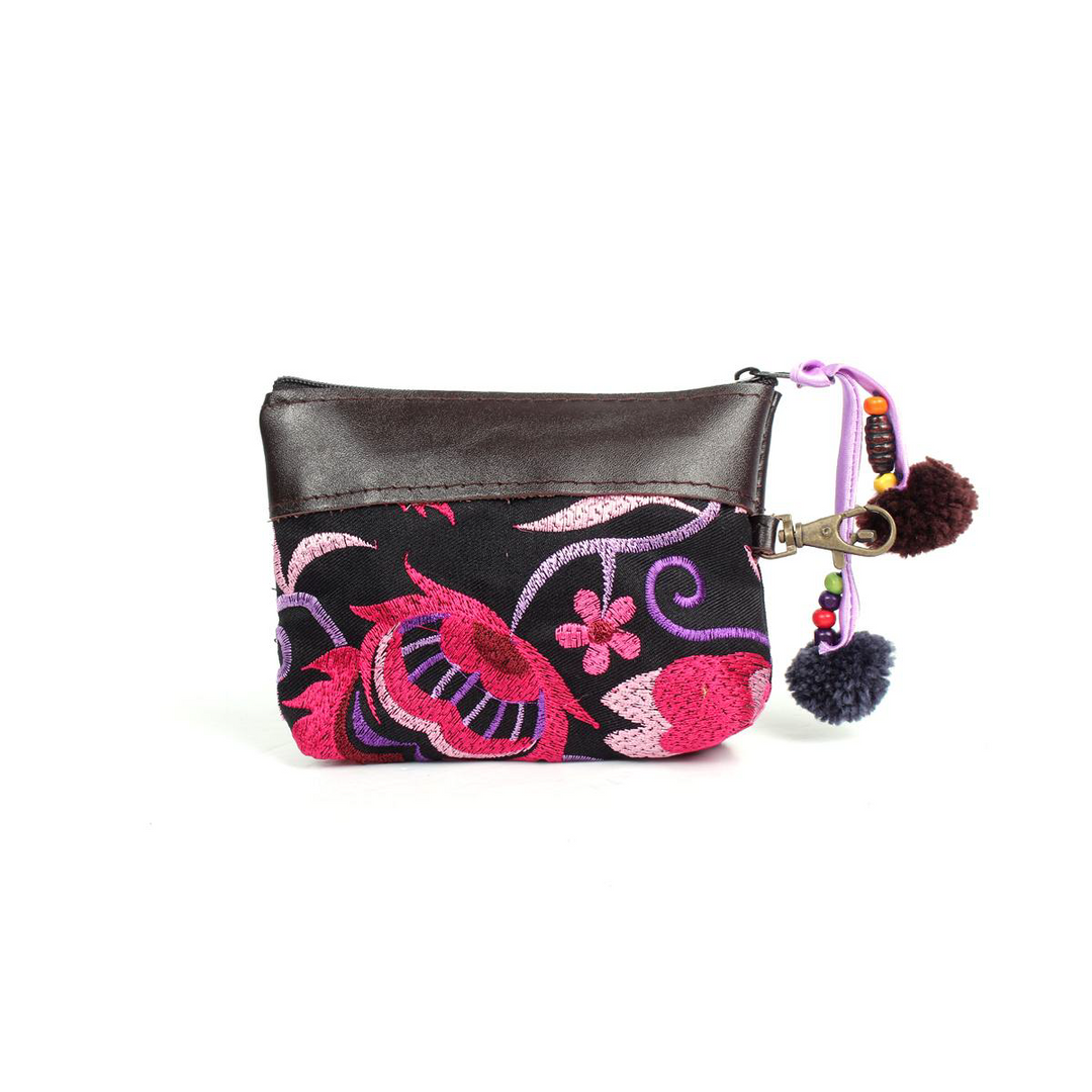 Clip-On Embroidered Coin Purse with Leather Trim - Thailand
