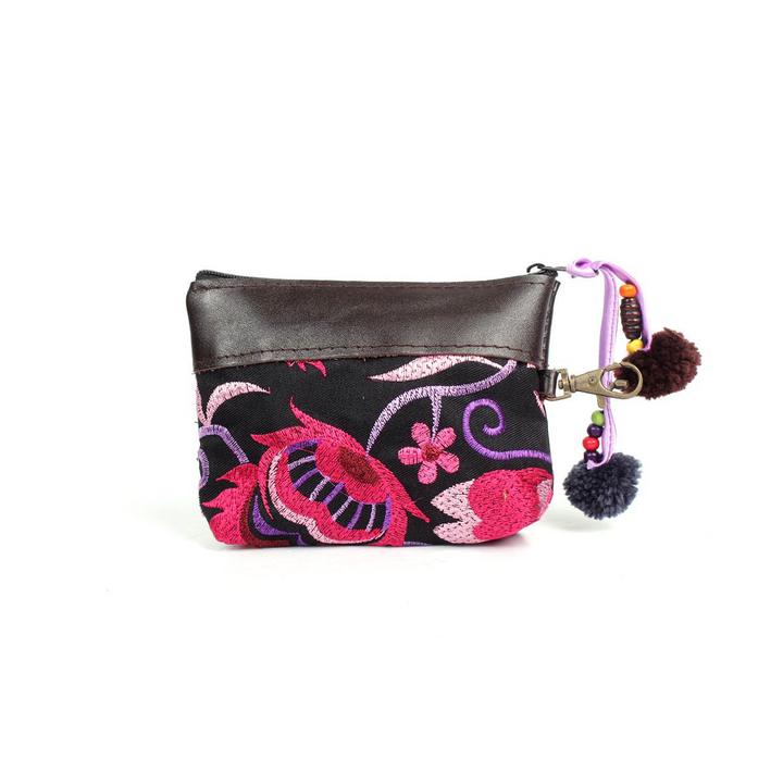 Clip-On Embroidered Coin Purse with Leather Trim - Thailand