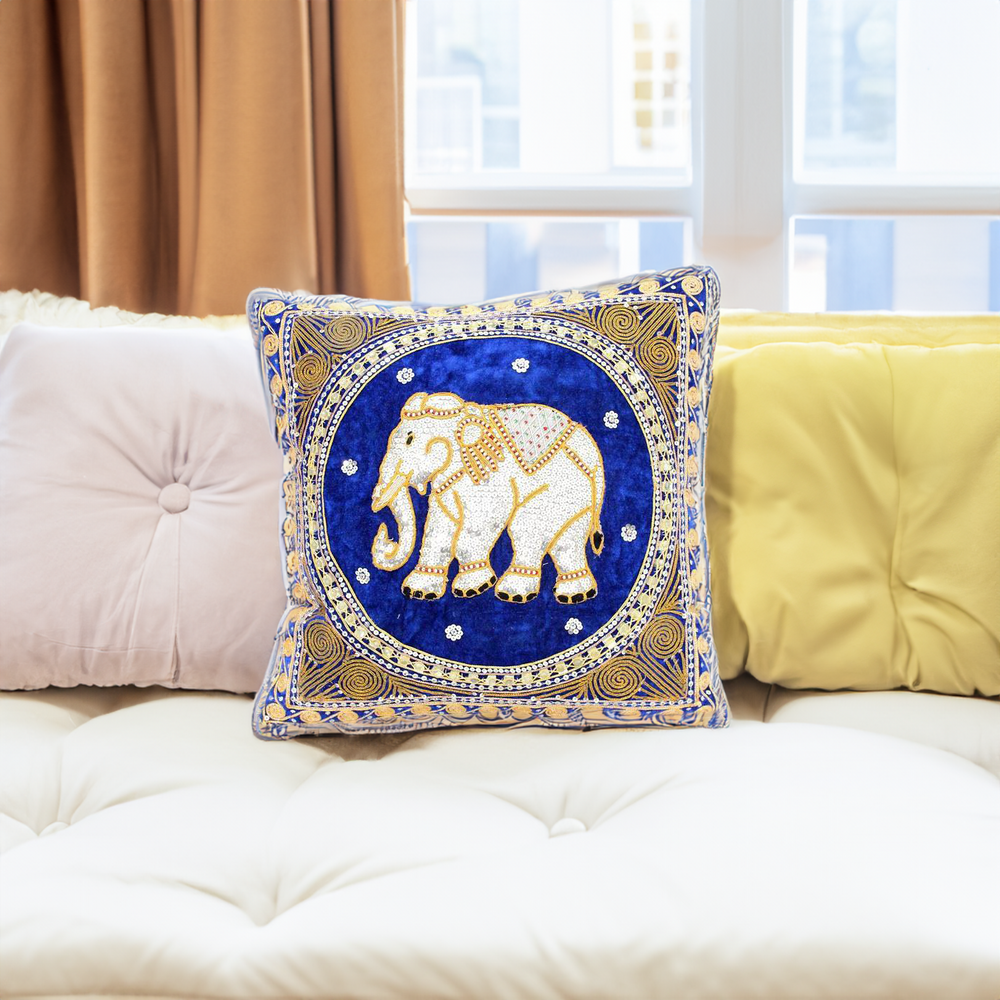 Thai Elephant Embroidered Pillow Cover - Thailand-Pillows-Pranee Shop-Lumily Fair Trade Handmade