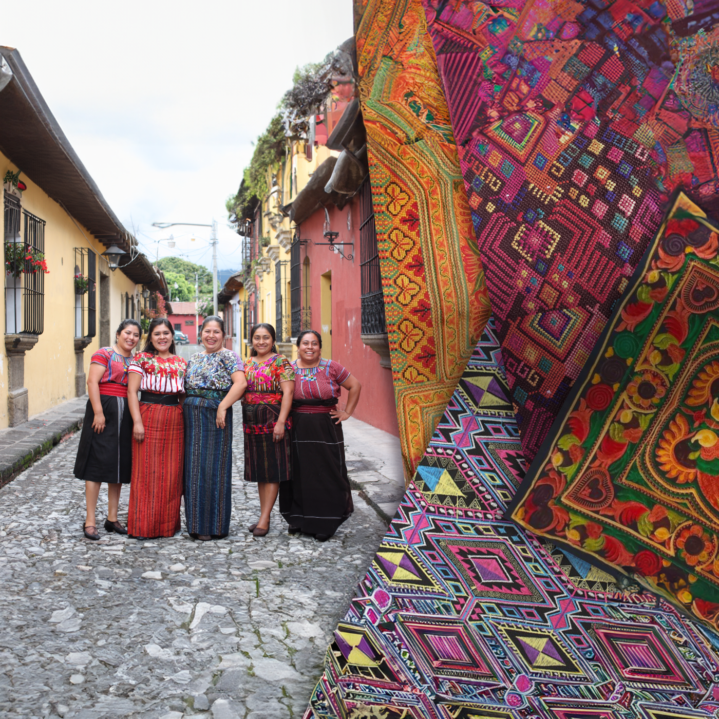 Five smiling Guatemalan artisans wearing traditional embroidered clothing stand together in a vibrant alley, representing fair trade values through Lumily. This Fair Trade Month, the image highlights the importance of supporting artisans who receive fair wages, challenging the fast fashion industry by choosing ethical and people-first products from Lumily.