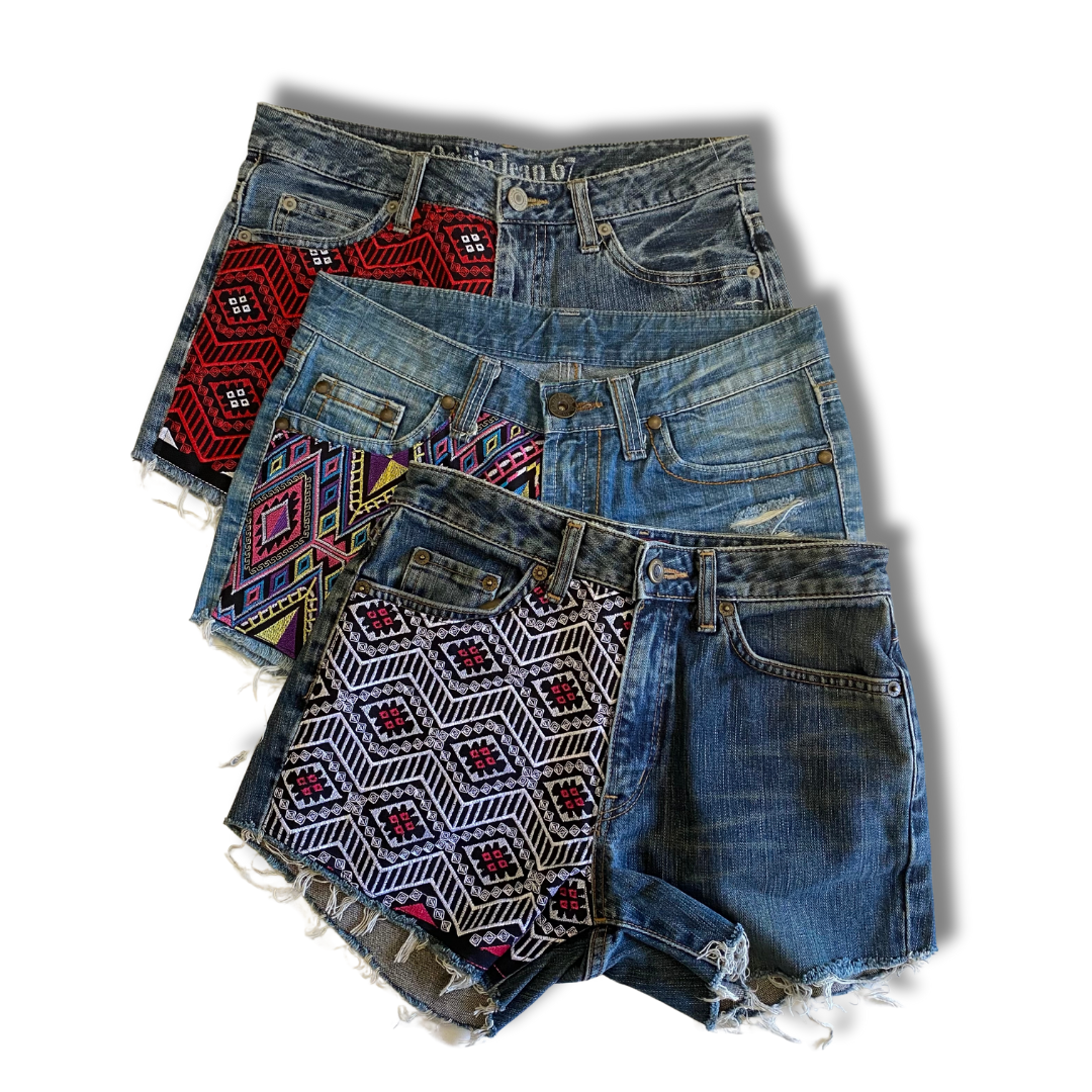 BUNDLE: 9 Piece Jean Shorts with Embroidered Textile Patches - Thailand-Apparel-Lumily-Lumily MZ Fair Trade Nena & Co Hiptipico Novica Lucia's World emporium