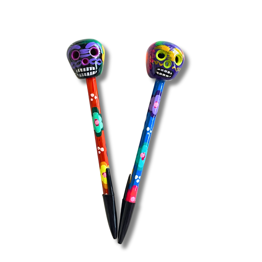 Hand-Painted Sugar Skull Floral Pen - Unique Mexican Design - Mexico-Accessories-Cecilia-Lumily MZ Fair Trade Nena & Co Hiptipico Novica Lucia's World emporium