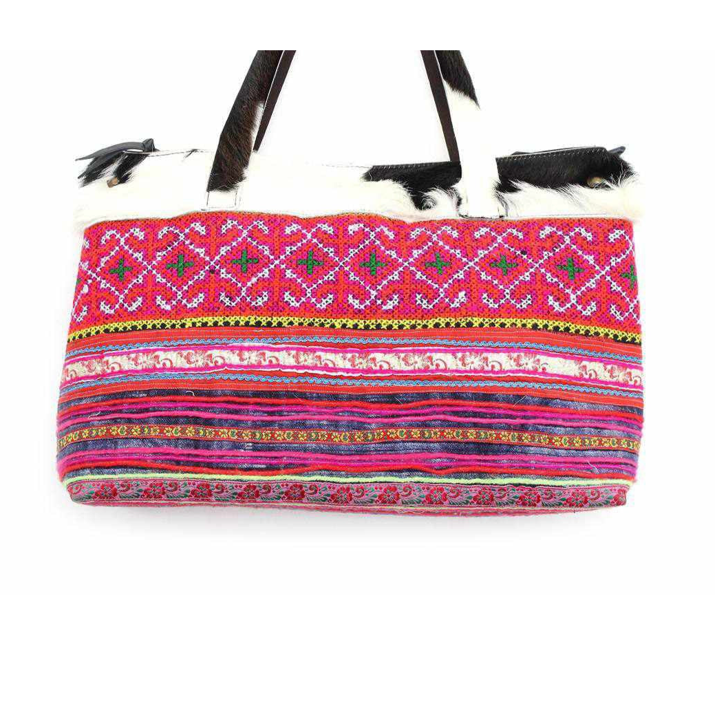 Upcycled Hmong Textile Cowhide One-of-a-kind Leather Tote Purse - Thailand-Bags-Lumily-Lumily MZ Fair Trade Nena & Co Hiptipico Novica Lucia's World emporium
