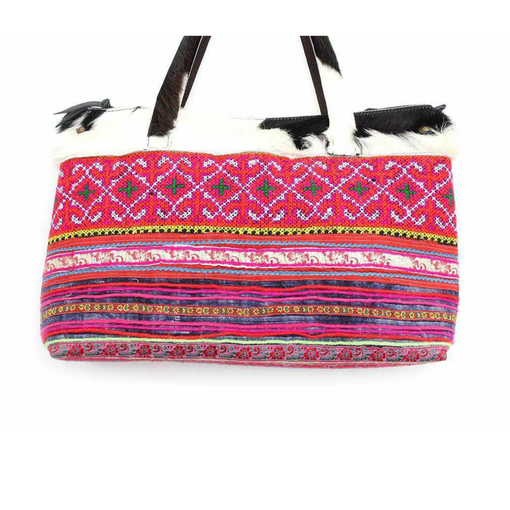 Upcycled Hmong Textile Cowhide One-of-a-kind Leather Tote Purse - Thailand-Bags-Lumily-Lumily MZ Fair Trade Nena & Co Hiptipico Novica Lucia's World emporium
