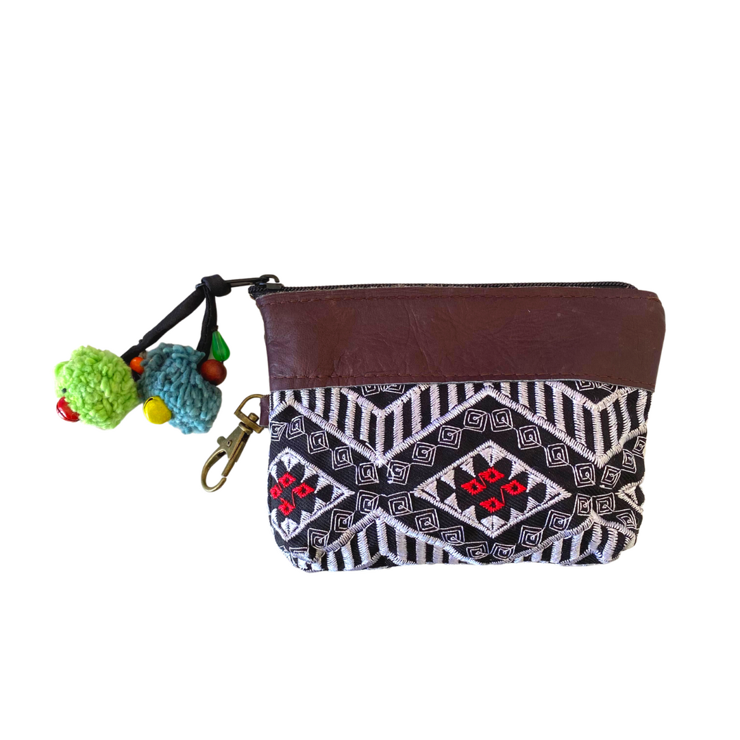 Clip-On Embroidered Coin Purse with Leather Trim - Thailand
