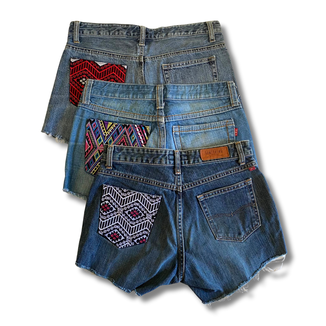 BUNDLE: 9 Piece Jean Shorts with Embroidered Textile Patches - Thailand-Apparel-Lumily-Lumily MZ Fair Trade Nena & Co Hiptipico Novica Lucia's World emporium