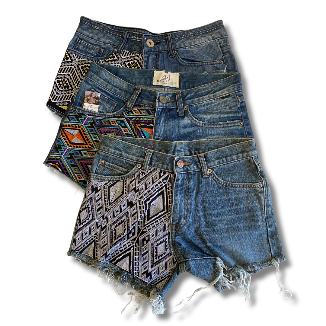 BUNDLE: 9 Piece Jean Shorts with Embroidered Textile Patches - Thailand-Apparel-Lumily-Lumily MZ Fair Trade Nena & Co Hiptipico Novica Lucia's World emporium