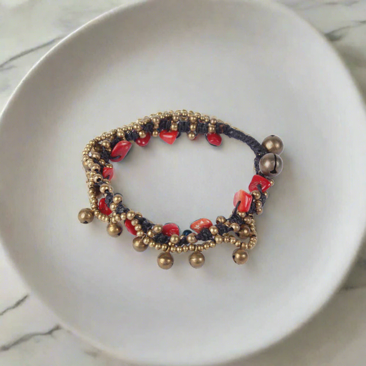 BUNDLE: 15 Piece Red Stone & Brass Bells Bracelet - Thailand-Bracelets-Lumily-Lumily MZ Fair Trade Nena & Co Hiptipico Novica Lucia's World emporium