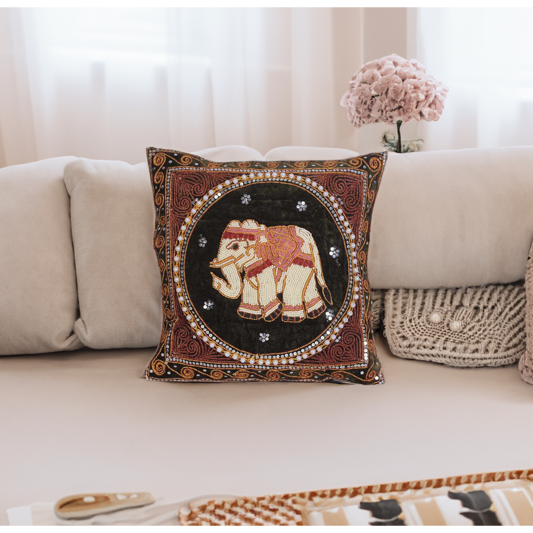 Elephant Tapestry Embroidered Cushion- Thailand-Decor-Lumily-Lumily MZ Fair Trade Nena & Co Hiptipico Novica Lucia's World emporium