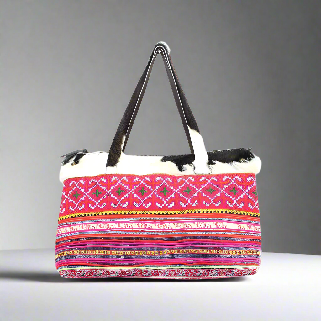 Upcycled Hmong Textile Cowhide One-of-a-kind Leather Tote Purse - Thailand-Bags-Lumily-Lumily MZ Fair Trade Nena & Co Hiptipico Novica Lucia's World emporium