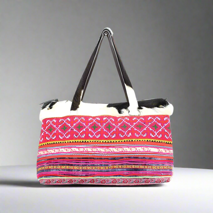 Upcycled Hmong Textile Cowhide One-of-a-kind Leather Tote Purse - Thailand-Bags-Lumily-Lumily MZ Fair Trade Nena & Co Hiptipico Novica Lucia's World emporium
