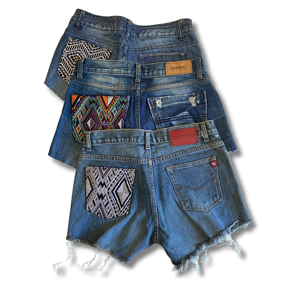 BUNDLE: 9 Piece Jean Shorts with Embroidered Textile Patches - Thailand-Apparel-Lumily-Lumily MZ Fair Trade Nena & Co Hiptipico Novica Lucia's World emporium