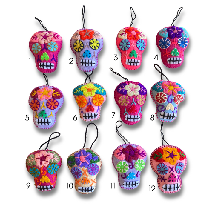 Hand-Embroidered Sugar Skull Ornament - Mexico-Decor-Rebeca y Francisco (Mexico)-Option 1-Lumily MZ Fair Trade Nena & Co Hiptipico Novica Lucia's World emporium