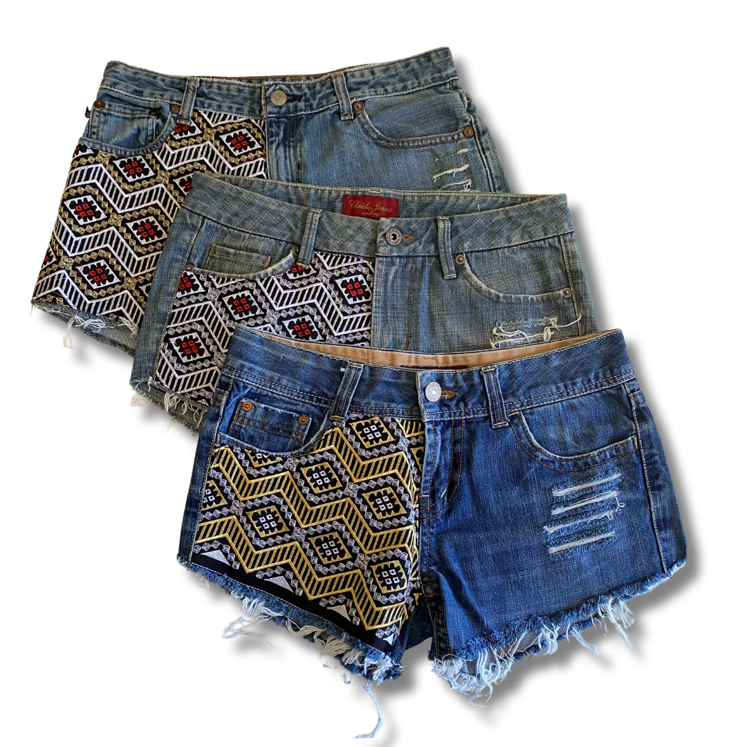 BUNDLE: 9 Piece Jean Shorts with Embroidered Textile Patches - Thailand-Apparel-Lumily-Lumily MZ Fair Trade Nena & Co Hiptipico Novica Lucia's World emporium