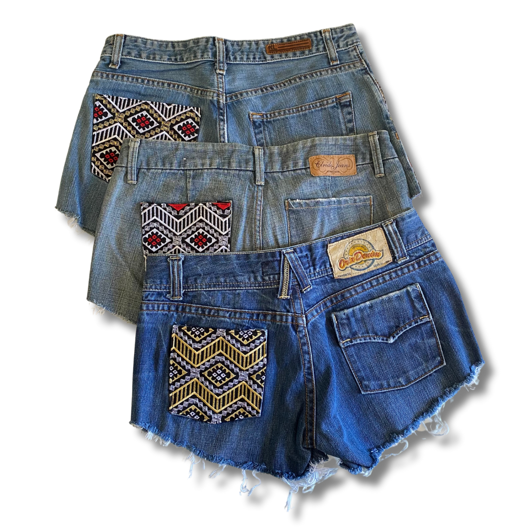 BUNDLE: 9 Piece Jean Shorts with Embroidered Textile Patches - Thailand-Apparel-Lumily-Lumily MZ Fair Trade Nena & Co Hiptipico Novica Lucia's World emporium