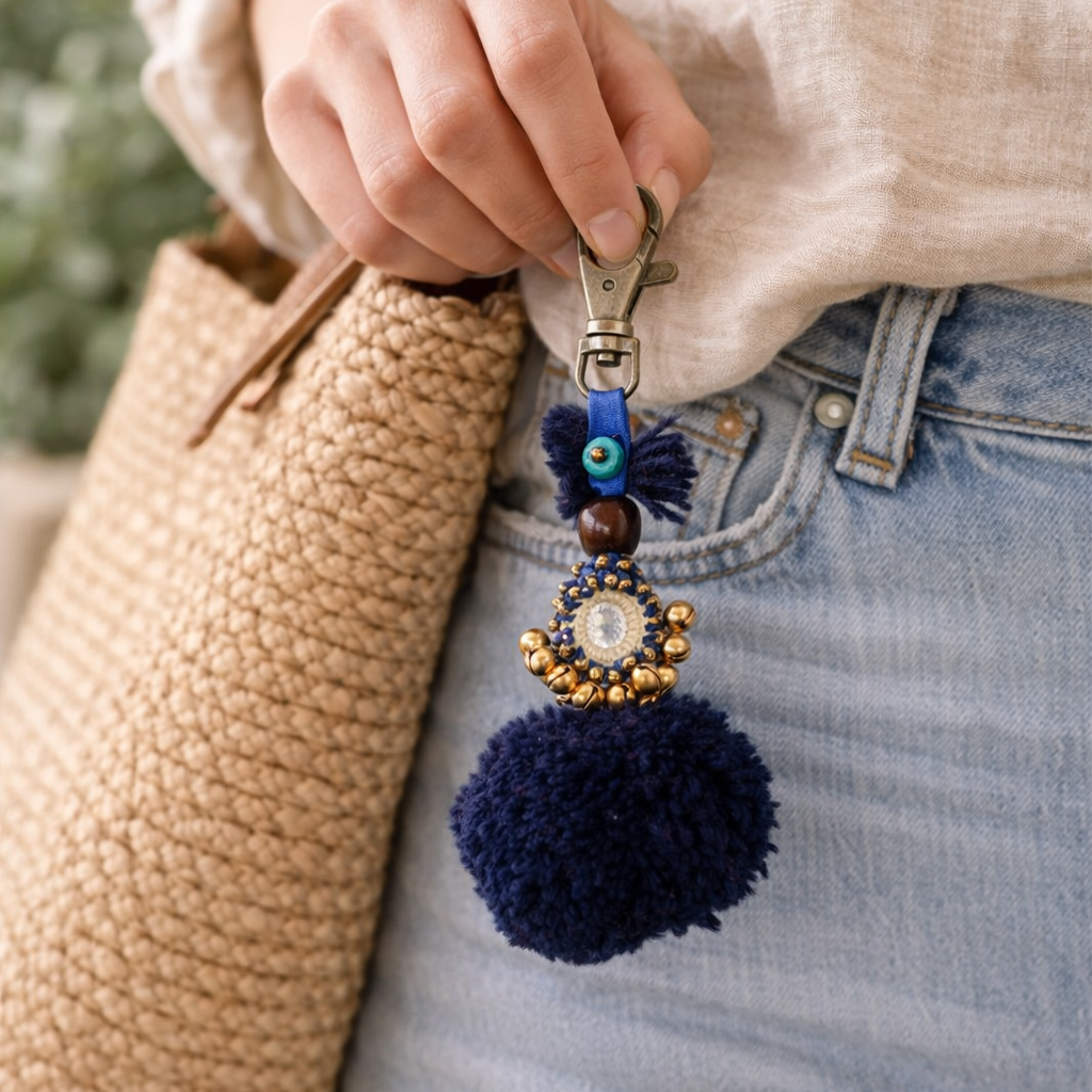 Pom Pom Zipper Pull Keychain Boho Bag Charm Lobster Clasp Fair Trade - Thailand-Zipper Pulls-Lumily-Lumily MZ Fair Trade Nena &amp; Co Hiptipico Novica Lucia&