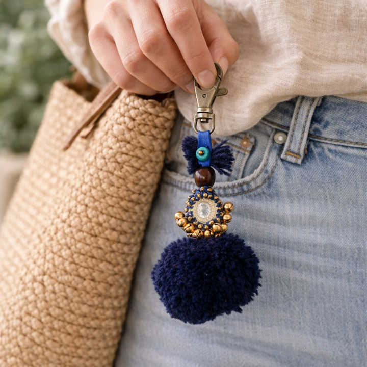 Pom Pom Zipper Pull Keychain Boho Bag Charm Lobster Clasp Fair Trade - Thailand-Zipper Pulls-Lumily-Lumily MZ Fair Trade Nena &amp; Co Hiptipico Novica Lucia&