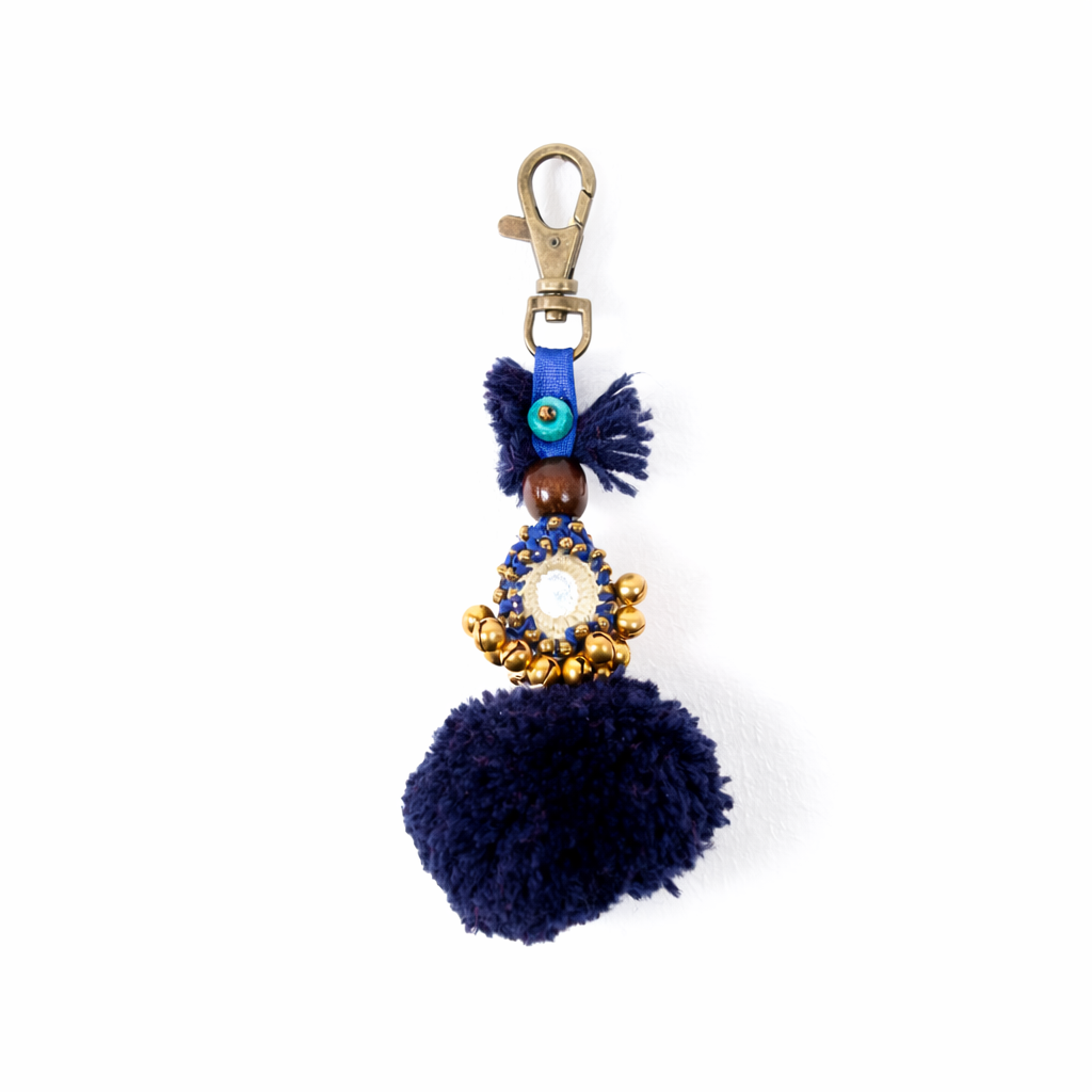 Pom Pom Zipper Pull Keychain Boho Bag Charm Lobster Clasp Fair Trade - Thailand-Zipper Pulls-Lumily-Dark Blue-Lumily MZ Fair Trade Nena &amp; Co Hiptipico Novica Lucia&