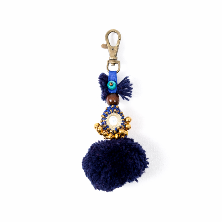 Pom Pom Zipper Pull Keychain Boho Bag Charm Lobster Clasp Fair Trade - Thailand-Zipper Pulls-Lumily-Dark Blue-Lumily MZ Fair Trade Nena &amp; Co Hiptipico Novica Lucia&