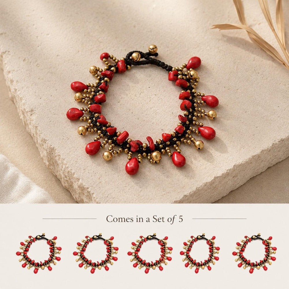 BUNDLE: 5-Piece Brass Bell & Red Stone Belly Dance Anklet Set Fair Trade - Thailand-Anklets-Nee Shop-Lumily MZ Fair Trade Nena & Co Hiptipico Novica Lucia's World emporium