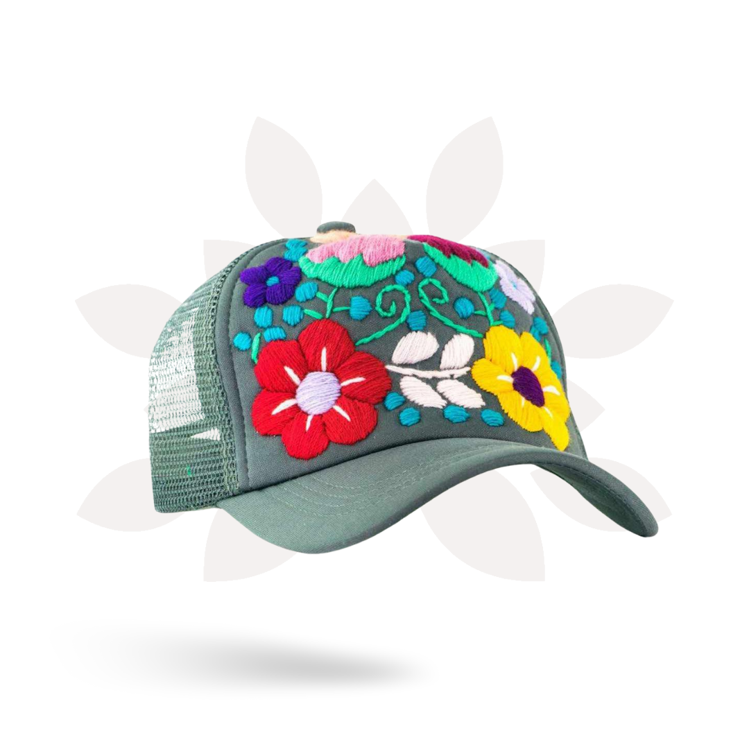 Tulum Hand Embroidered Trucker Flower Hat - Mexico-Apparel-Rebeca y Francisco (Mexico)-Lumily MZ Fair Trade Nena & Co Hiptipico Novica Lucia's World emporium